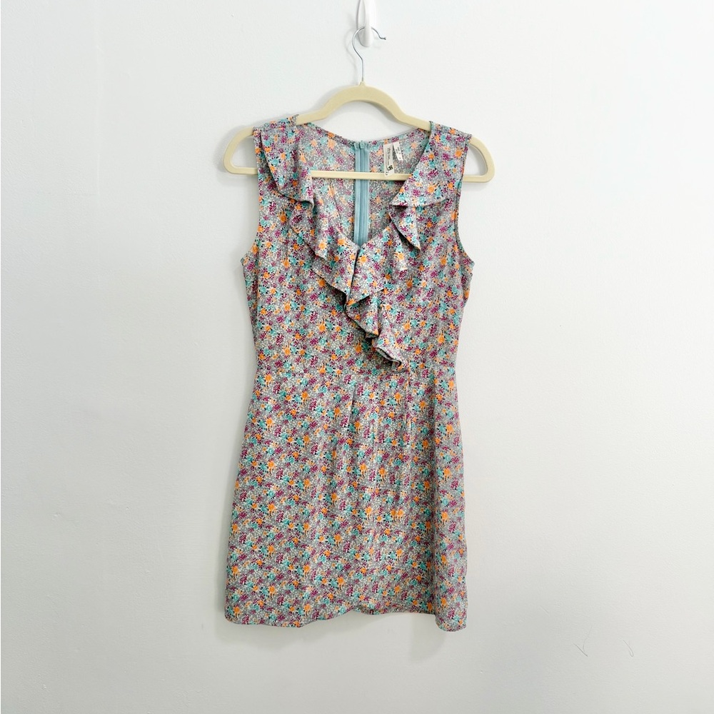 Pink Owl Floral Sleeveless Ruffle front Zipper Back Spring Summer Dress